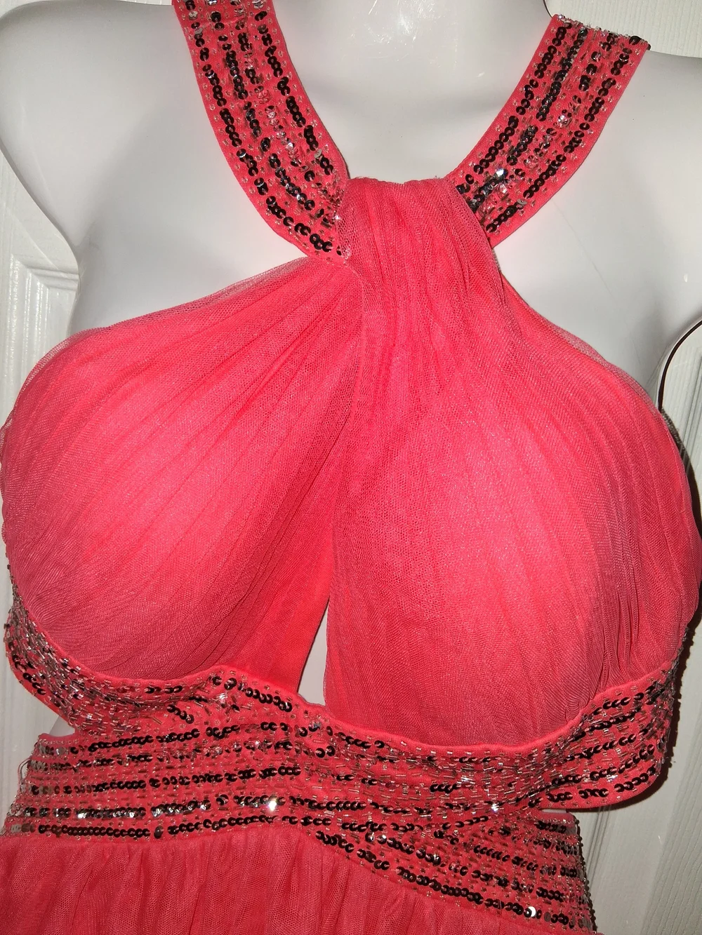 Blondie Nites Vtg Y2K Pink Beaded Halter Keyhole Prom Cocktail Dress